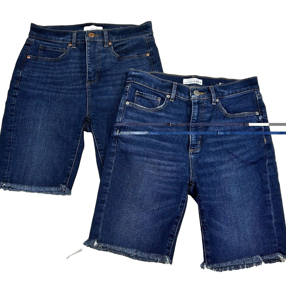 LOFT High Waist Bike Short Lot Bermuda Blue Denim 4/27 Raw Hem Stretch Whisker